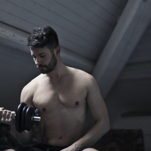 From below of muscular shirtless athletic male sitting on bench and doing bicep curls with dumbbell during intense training in dark studio